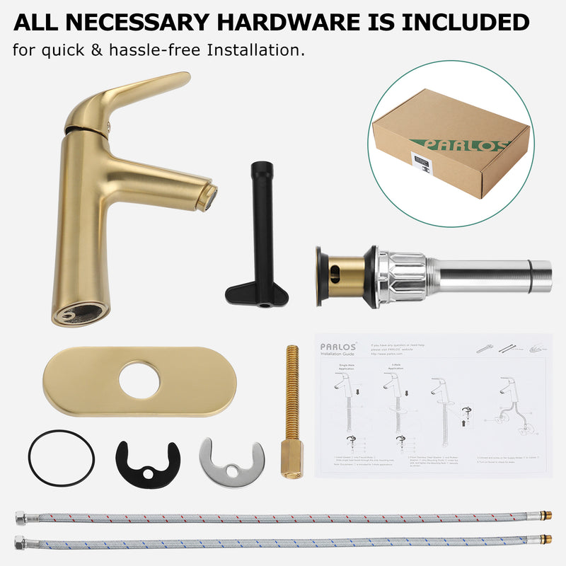 PARLOS Single Handle Bathroom Sink Faucet, Single Hole Bathroom Faucet with Pop Up Drain, Deck Plate and Cupc Water Supply Lines, Brushed Gold, 1339708