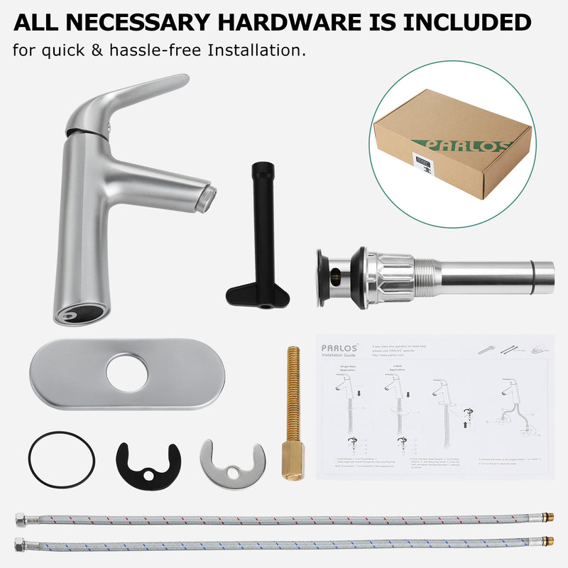 PARLOS Single Handle Bathroom Sink Faucet, Single Hole Bathroom Faucet with Pop Up Drain, Deck Plate and Cupc Water Supply Lines, Brushed Nickel, 1339702
