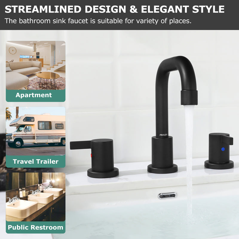 PARLOS Two-Handle Widespread Bathroom Faucet with Metal Pop-up Drain Assembly and cUPC Faucet Supply Lines ,1.2GPM, Matte Black,(14136P)