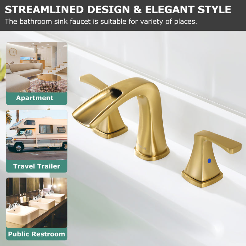 PARLOS Waterfall Widespread Bathroom Sink Faucet 2 Handles with Metal Pop Up Drain & cUPC Faucet Supply Lines, Brushed Gold, 1.2 GPM (1407008P)