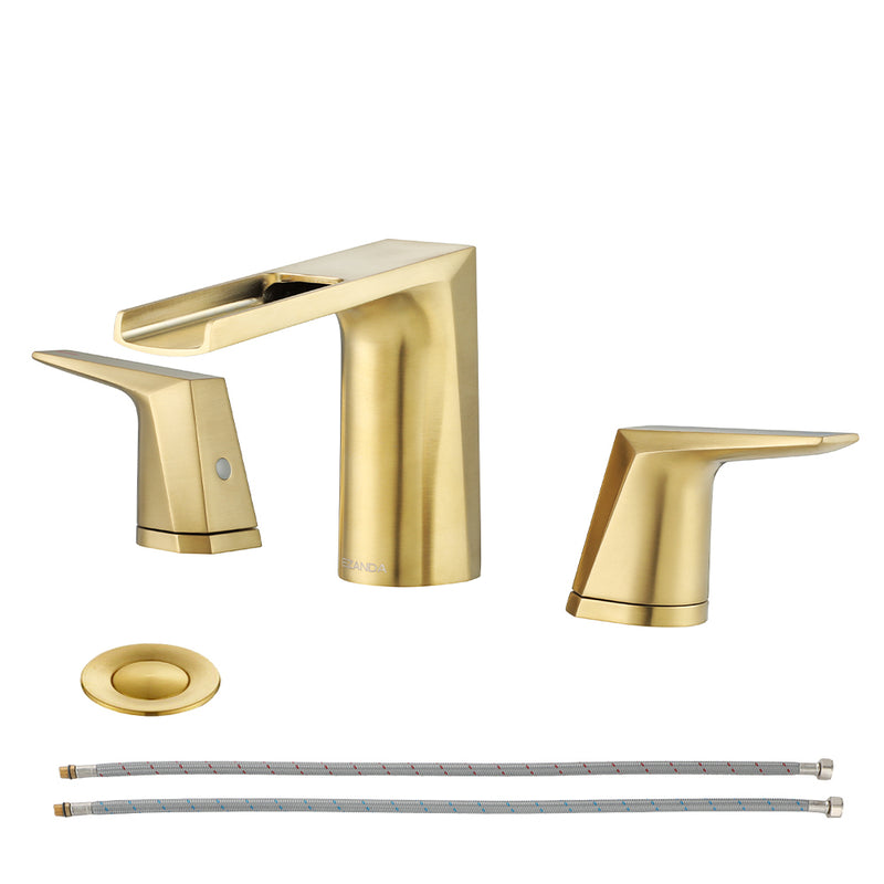 EZANDA 2-Handle Widespread Waterfall Bathroom Lavatory Faucet with Pop-up Sink Drain Assembly & Faucet Supply Lines, Brushed Gold（1431208）