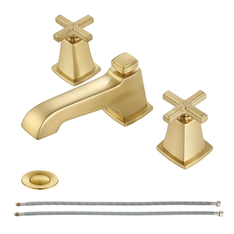EZANDA 2-Handle Widespread Bathroom Faucet Cross handle 3 Hole Metal Pop-up Sink Drain Supply Lines Brushed Gold (1433608)