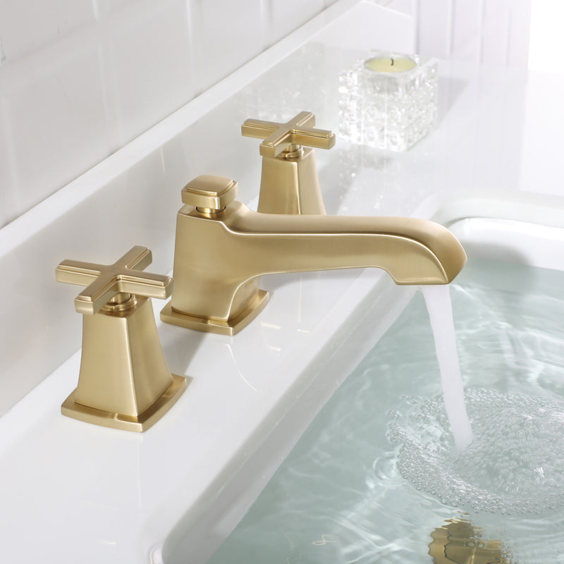 EZANDA 2-Handle Widespread Bathroom Faucet Cross handle 3 Hole Metal Pop-up Sink Drain Supply Lines Brushed Gold (1433608)