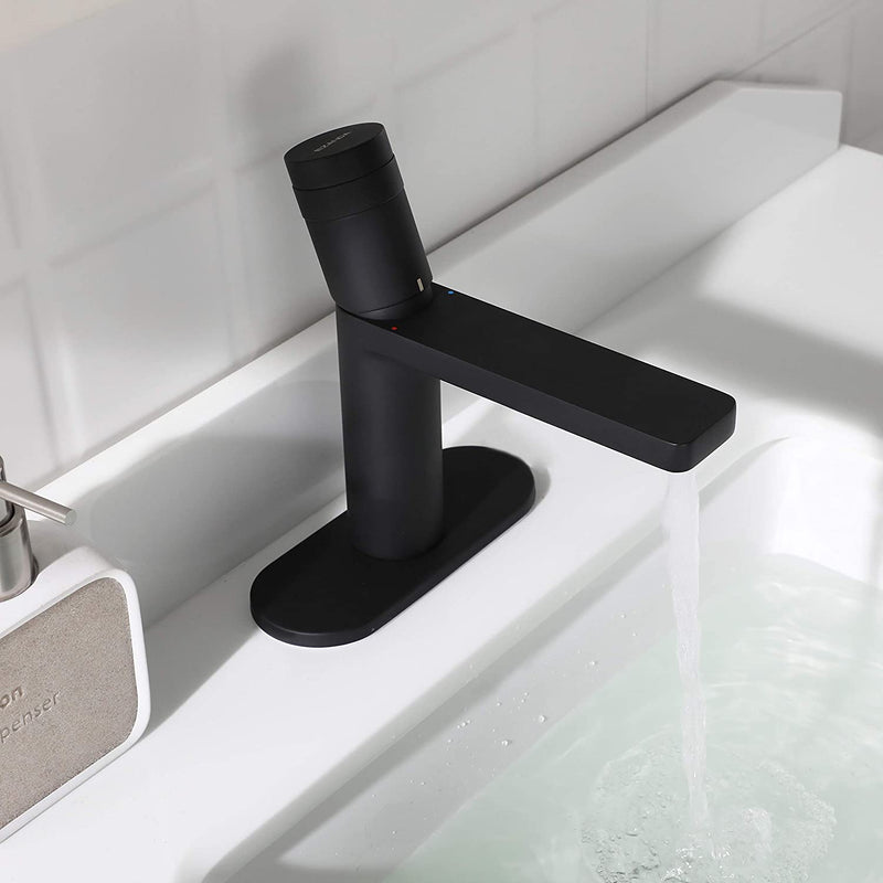 EZANDA Brass Single Handle Bathroom Faucet with Deck Plate, Pop-up Sink Drain Assembly & Faucet Supply Lines, Matte Black (1416404)
