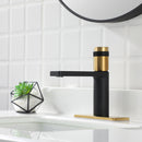 EZANDA Brass Single Handle Bathroom Faucet with Deck Plate, Pop-up Sink Drain Assembly & Faucet Supply Lines,Matte Black with Brushed Gold (1416410)