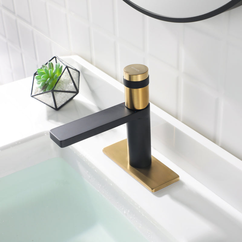 EZANDA Brass Single Handle Bathroom Faucet with Deck Plate, Pop-up Sink Drain Assembly & Faucet Supply Lines,Matte Black with Brushed Gold (1416410)