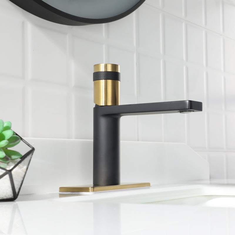EZANDA Brass Single Handle Bathroom Faucet with Deck Plate, Pop-up Sink Drain Assembly & Faucet Supply Lines,Matte Black with Brushed Gold (1416410)
