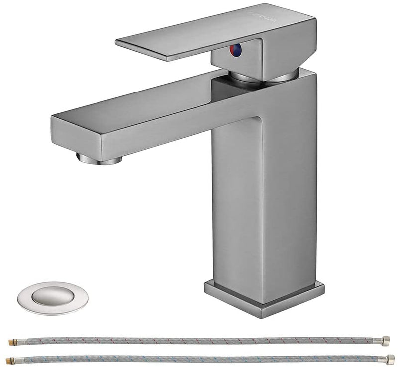 EZANDA Brass Single Handle Bathroom Sink Faucet Lavatory Vanity Pop Up Drain Stopper Water Supply Lines Brushed Nickel (14166)