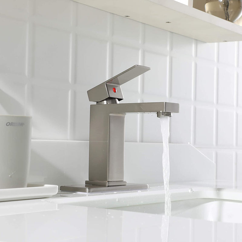 EZANDA Brass Single Handle Bathroom Sink Faucet Lavatory Vanity Pop Up Drain Stopper Water Supply Lines Brushed Nickel (14166)