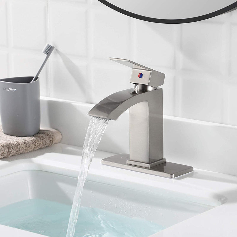 EZANDA Brass Waterfall Bathroom Vanity Faucet Extra Large Rectangular Spout Deck Plate Pop-up Sink Supply Hoses Brushed Nickel（14169）