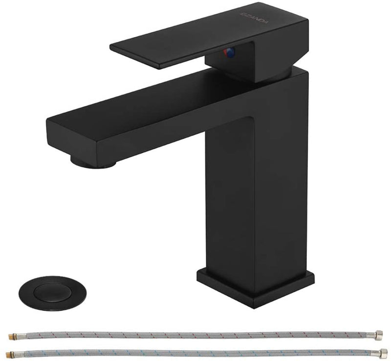 EZANDA Brass Single-Handle Bathroom Sink Faucet with Escutcheon, Pop Up Drain Stopper & Water Supply Hoses, Matte Black (14253)