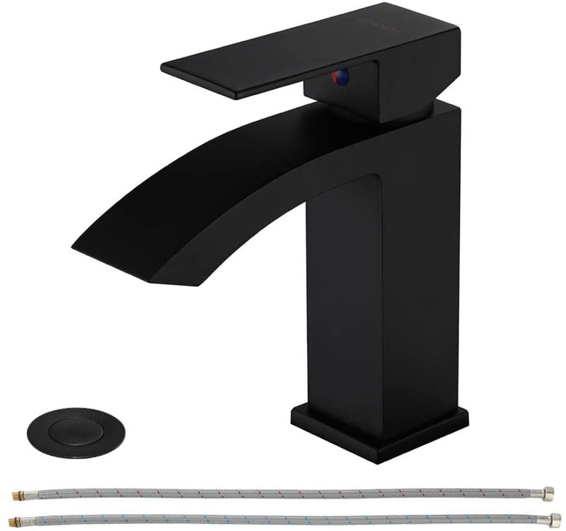 EZANDA Brass Waterfall Bathroom Faucet Large Rectangular Spout Pop-up Drain Assembly & Water Supply Hoses Matte Black（14254）