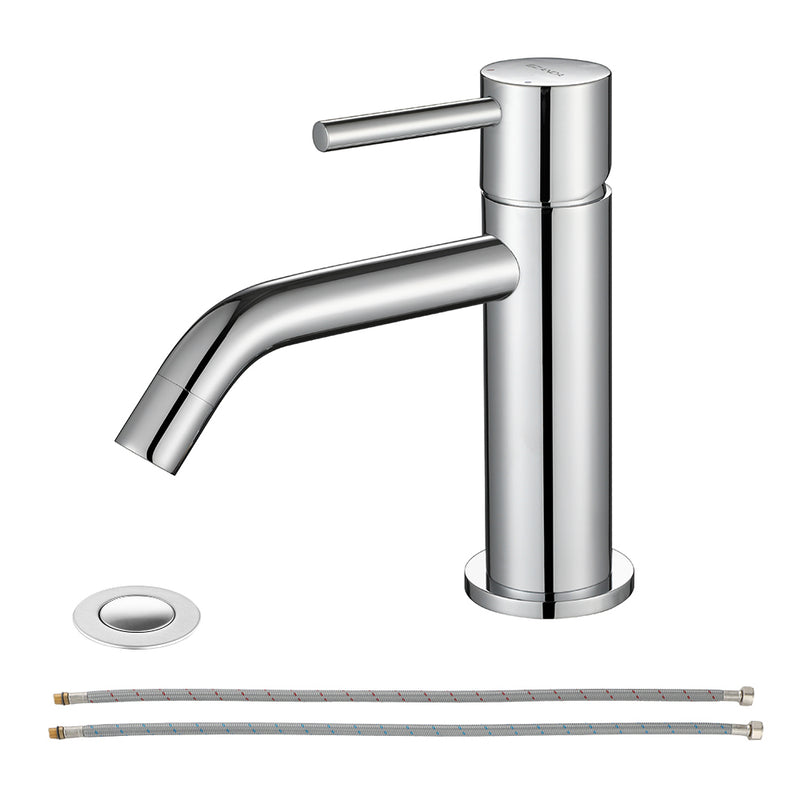 EZANDA Brass Single Handle Bathroom Faucet with Pop-up Sink Drain Assembly & Faucet Supply Lines, Chrome (1431101)