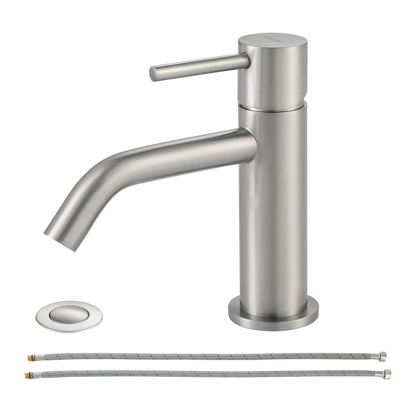 EZANDA Brass Single Handle Bathroom Faucet with Pop-up Sink Drain Assembly & Faucet Supply Lines, Brushed Nickel (1431102)