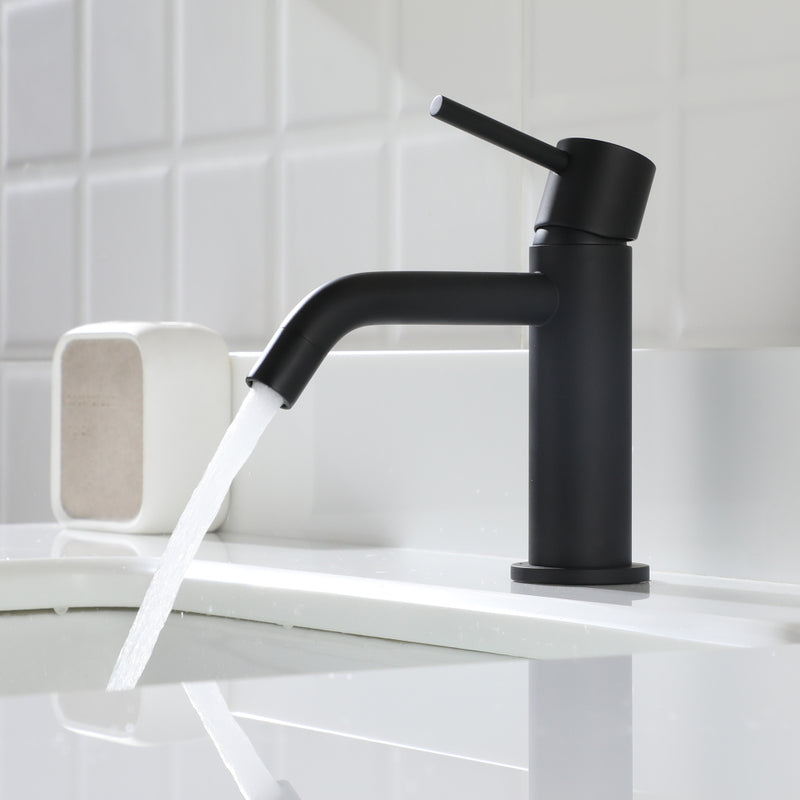 EZANDA Brass Single Handle Bathroom Faucet with Pop-up Sink Drain Assembly & Faucet Supply Lines, Matte Black (1431104)