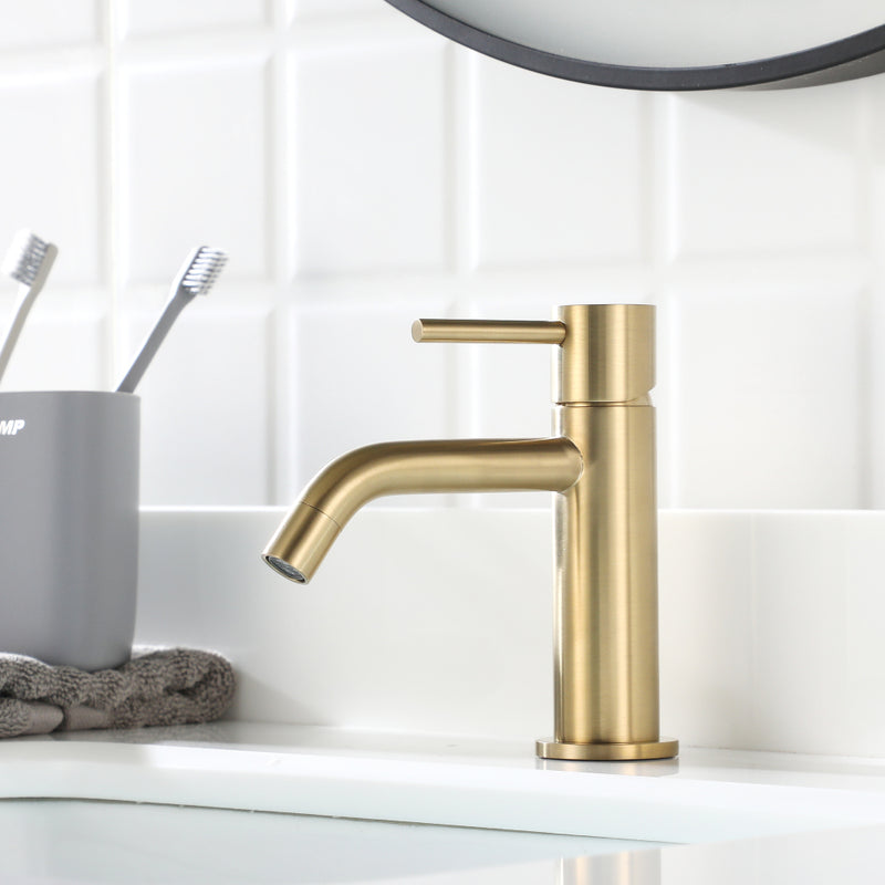 EZANDA Brass Single Handle Bathroom Faucet with Pop-up Sink Drain Assembly & Faucet Supply Lines, Brushed Gold (1431108)