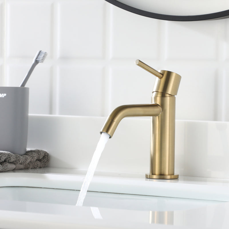 EZANDA Brass Single Handle Bathroom Faucet with Pop-up Sink Drain Assembly & Faucet Supply Lines, Brushed Gold (1431108)