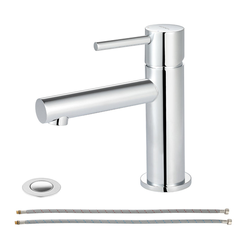 EZANDA Brass Bathroom Faucet with Drain Assembly Lavatory Faucet Supply Lines & Water Supply Hoses Included, Chrome (1432001)