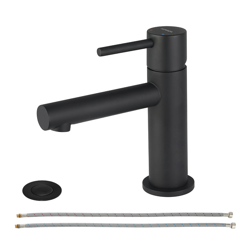 EZANDA Brass Bathroom Faucet with Drain Assembly, Lavatory Faucet with Faucet Supply Lines & Water Supply Hoses Included, Matte Black (1432004)
