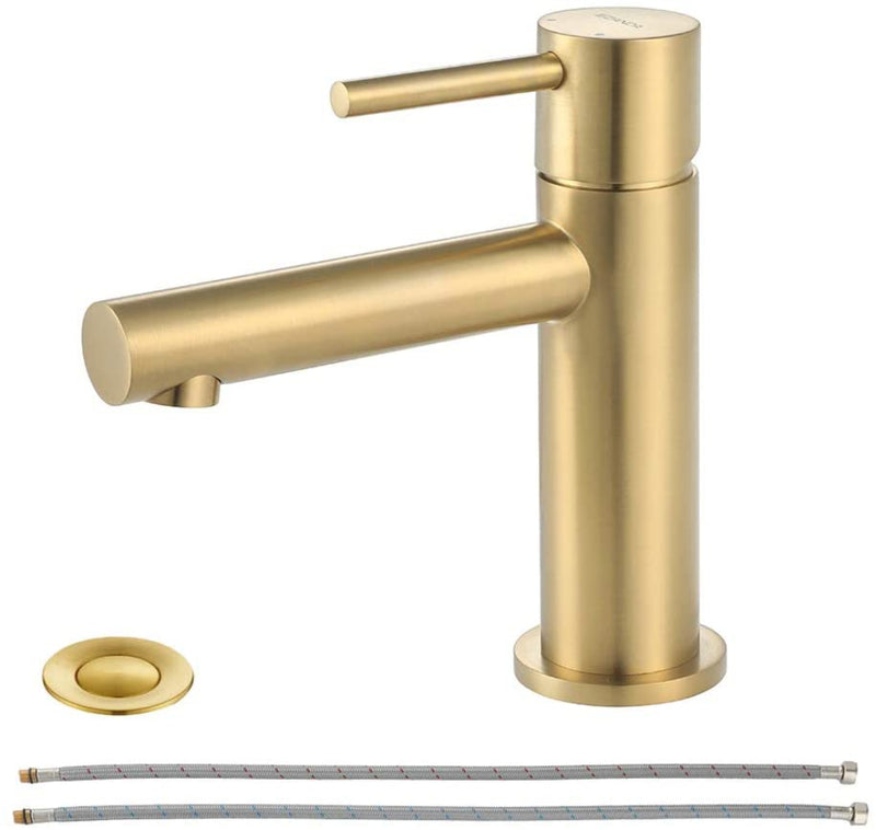 EZANDA Brass Bathroom Faucet with Drain Assembly, Bathroom Sink Faucet with Faucet Supply Lines & Water Supply Hoses Included, Brushed Gold （1432008）