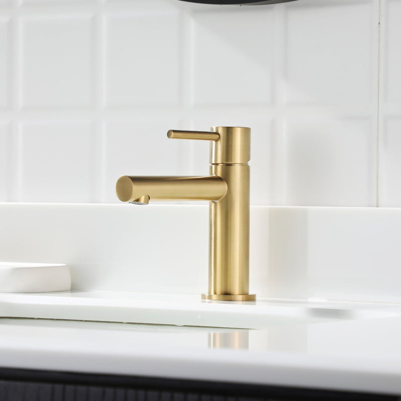 EZANDA Brass Bathroom Faucet with Drain Assembly, Bathroom Sink Faucet with Faucet Supply Lines & Water Supply Hoses Included, Brushed Gold （1432008）