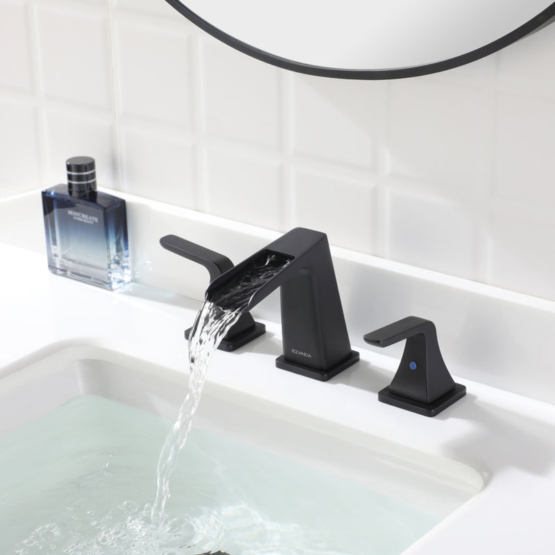 EZANDA Two-Handle Widespread Waterfall Faucet, 3 Hole Bathroom Sink Faucet with Metal Pop-up Sink Drain & Faucet Supply Lines, Matte Black 1432704