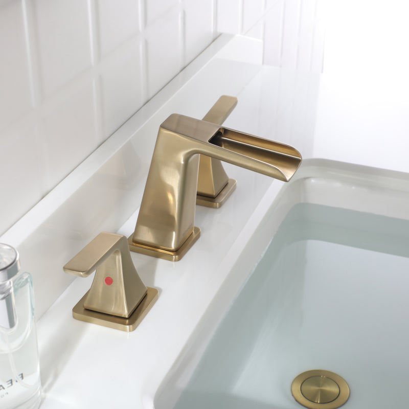 EZANDA Two-Handle Widespread Waterfall Faucet, 3 Hole Bathroom Sink Faucet with Metal Pop-up Sink Drain & Faucet Supply Lines, Brushed Gold （1432708）