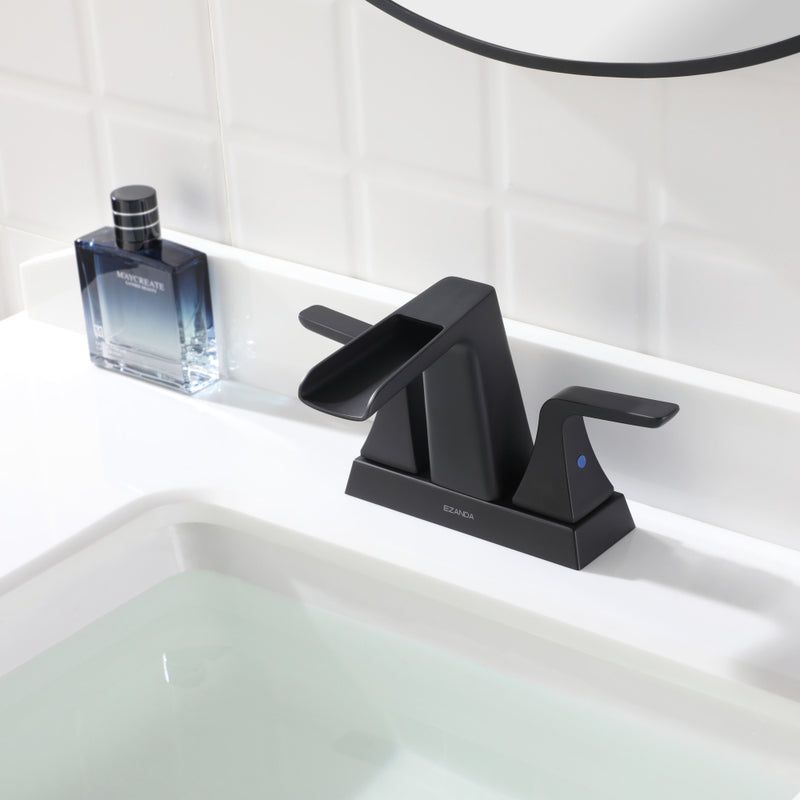 EZANDA 2-Handle Waterfall Faucet, 4 Inch Centerset Bathroom Sink Faucet with Metal Pop-up Sink Drain & Faucet Supply Lines, Matte Black (1433004)
