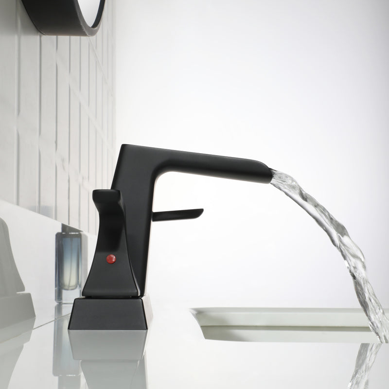 EZANDA 2-Handle Waterfall Faucet, 4 Inch Centerset Bathroom Sink Faucet with Metal Pop-up Sink Drain & Faucet Supply Lines, Matte Black (1433004)
