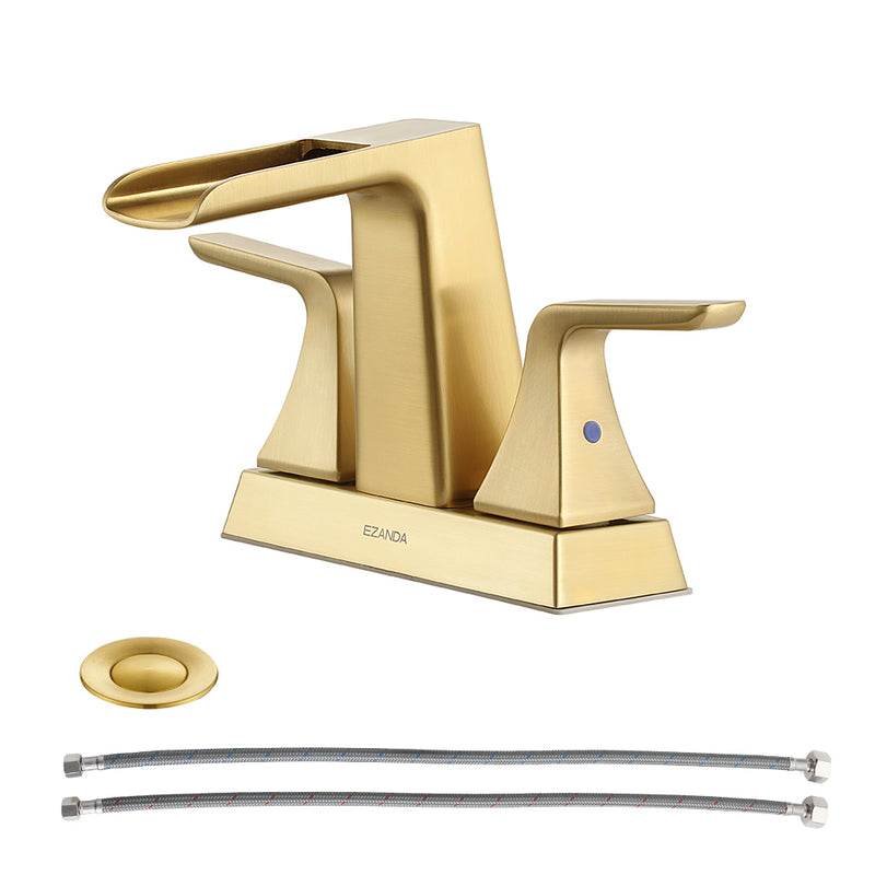 EZANDA 2-Handle Waterfall Faucet, 4 Inch Centerset Bathroom Sink Faucet with Metal Pop-up Sink Drain & Faucet Supply Lines, Brushed Gold （1433008）