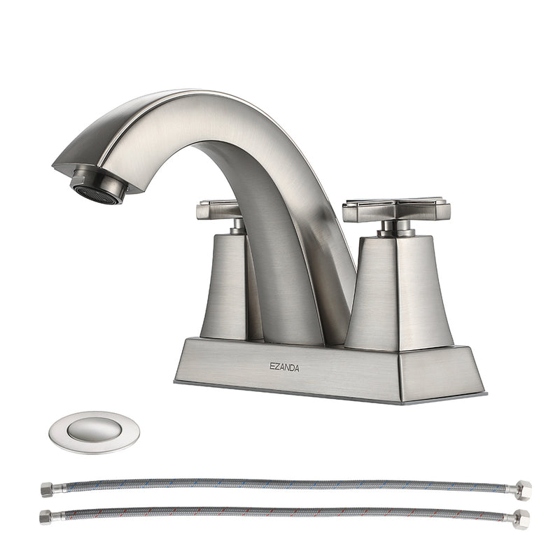EZANDA Brass 2-Handle Bathroom Sink Faucet Cross handle 4 Inch Centerset Lead-Free Lavatory Metal Supply Lines Brushed Nickel (1433502)