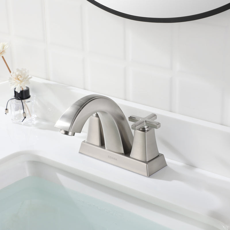 EZANDA Brass 2-Handle Bathroom Sink Faucet Cross handle 4 Inch Centerset Lead-Free Lavatory Metal Supply Lines Brushed Nickel (1433502)