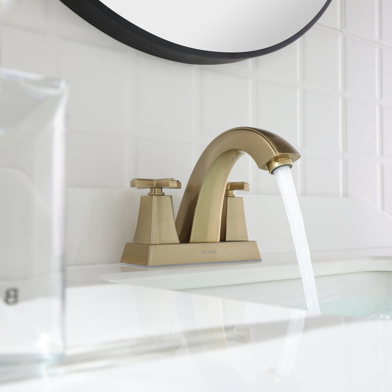 EZANDA 2-Handle Bathroom Sink Faucet Cross handle 4 Inch Centerset Metal Pop-up Sink Drain Supply Lines Brushed Gold (1433508)