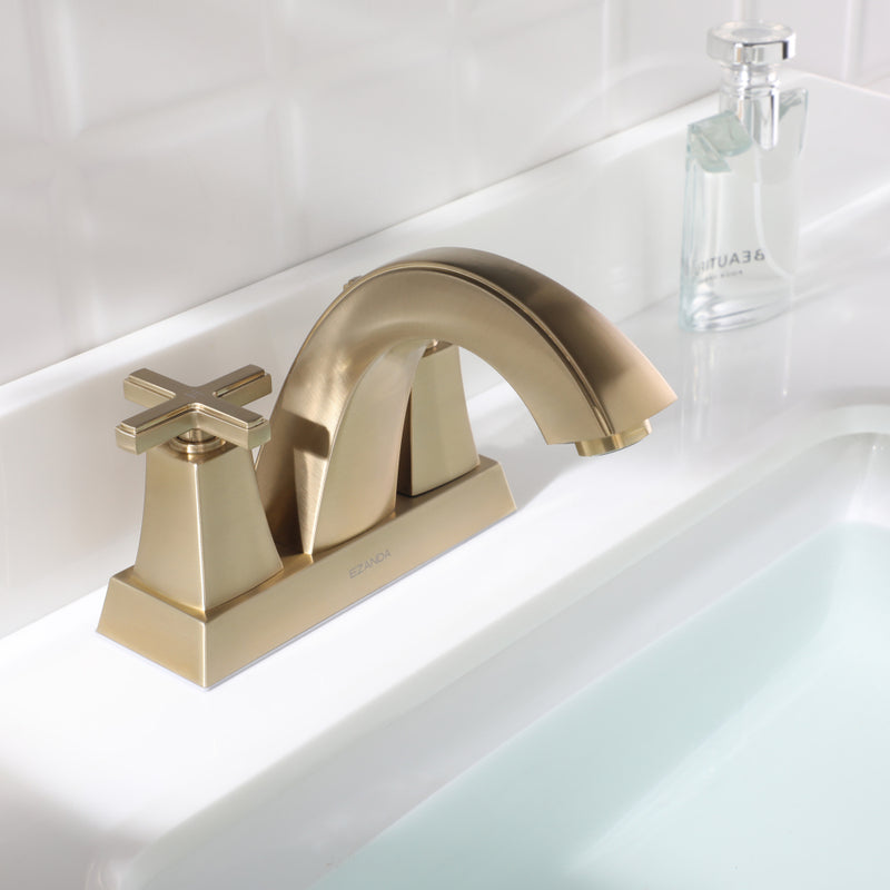EZANDA 2-Handle Bathroom Sink Faucet Cross handle 4 Inch Centerset Metal Pop-up Sink Drain Supply Lines Brushed Gold (1433508)