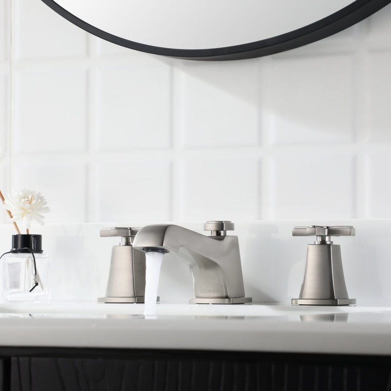 EZANDA 2-Handle Widespread Bathroom Faucet Cross handles 3 Hole Metal Pop-up Sink Drain, Brushed Nickel （1433602）
