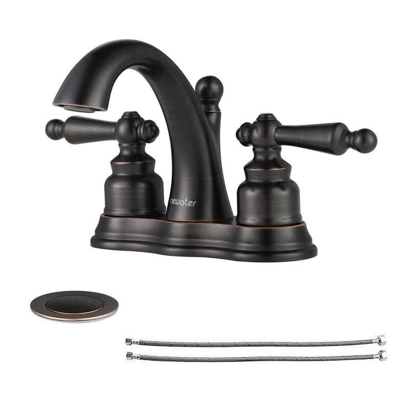 NEWATER Two-Handle Centerset Three Hole Bathroom Sink Faucet with Pop Up Drain Mixer Tap Deck Mounted Oil Rubbed Bronze (016811-2)