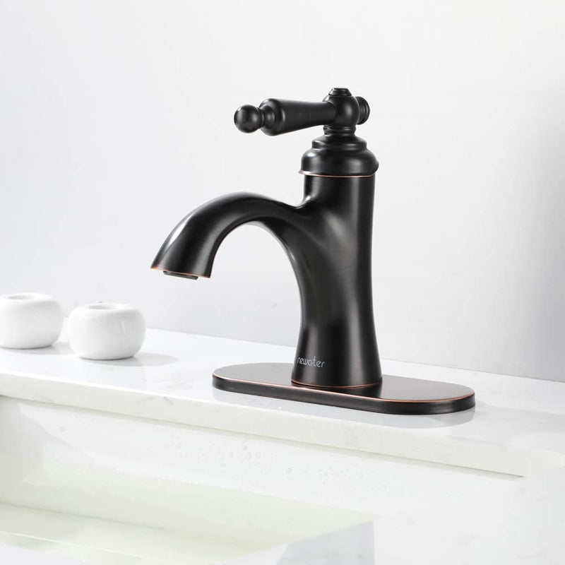 NEWATER Brass Single Handle Bathroom Sink Faucet with Metal Pop-up Sink Drain Assembly Mixer Tap Three Hole Deck Mounted Oil Rubbed Bronze (16811-1)