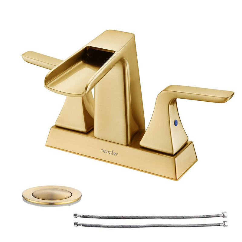 NEWATER Bathroom Sink Two-Handle Waterfall Centerset Faucet Three Hole Pop Up Drain Mixer Tap Deck Mounted Brushed Gold (22231)
