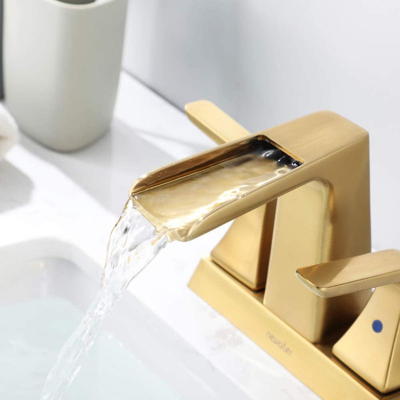 NEWATER Bathroom Sink Two-Handle Waterfall Centerset Faucet Three Hole Pop Up Drain Mixer Tap Deck Mounted Brushed Gold (22231)