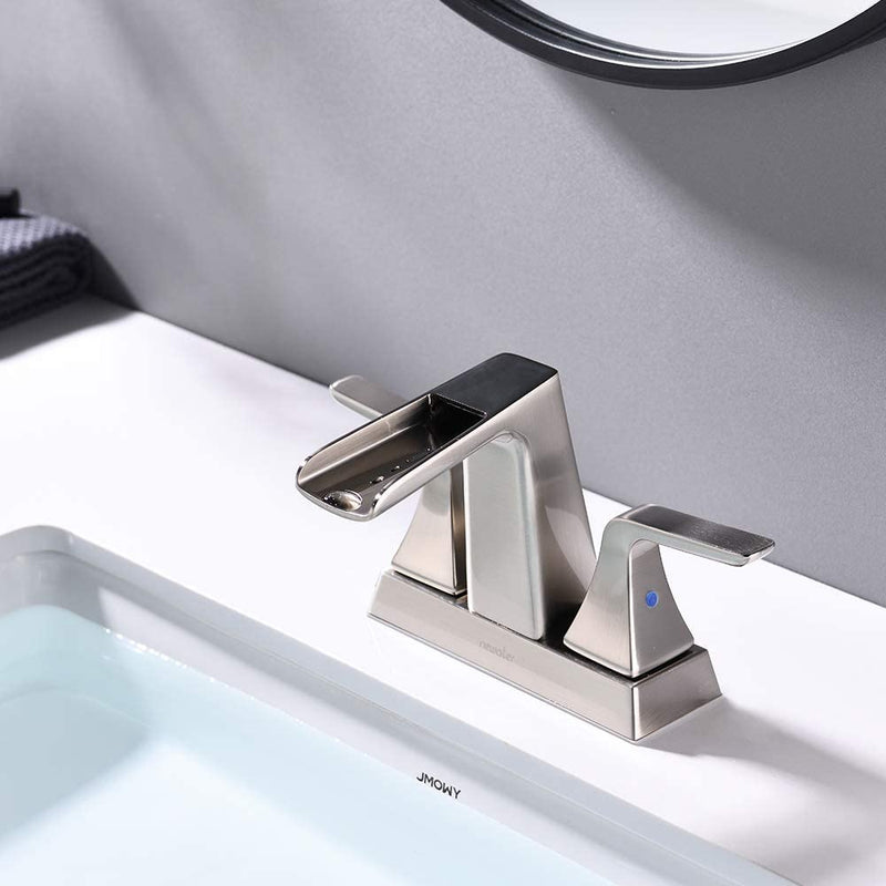 NEWATER Bathroom Sink Double Handle Waterfall Centerset Faucet Three Hole Pop Up Drain Mixer Tap Deck Mounted Brushed Nickel (26451)