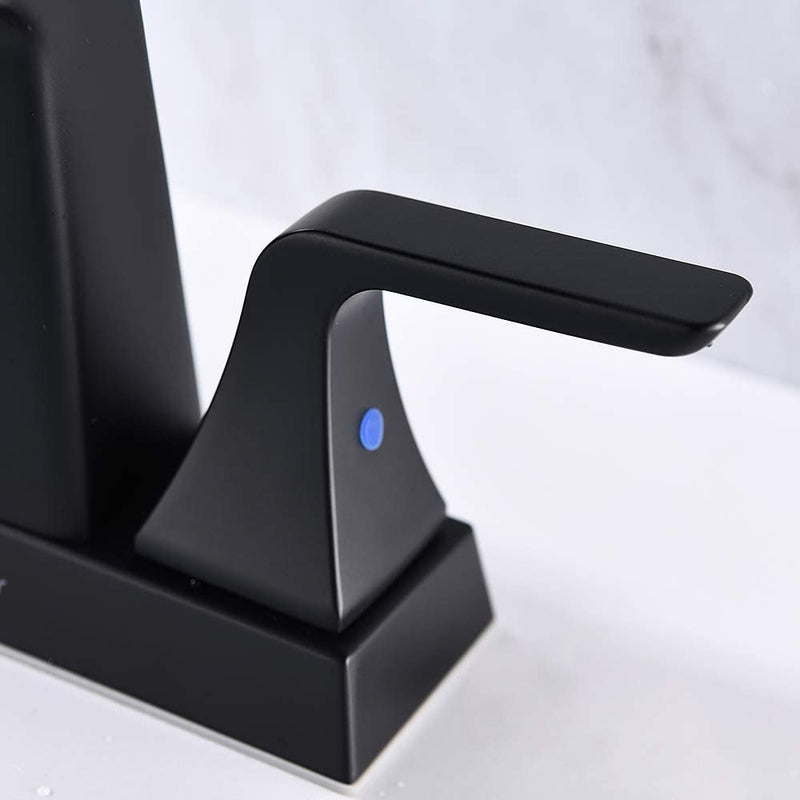 NEWATER Bathroom Sink Double Handle Waterfall Faucet 4-Inch Centerset Three Hole Pop Up Drain Tap Deck Mounted Matte Black (28801)