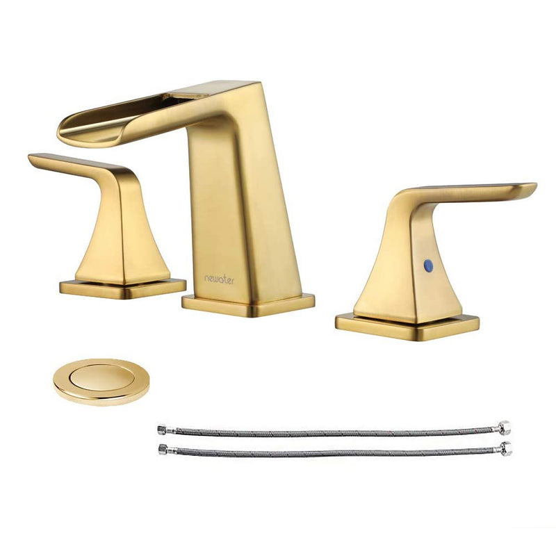 NEWATER Bathroom Sink Waterfall 8-Inch Widespread Two-Handle Faucet Three Hole Supply Lines Brushed Gold (32231)