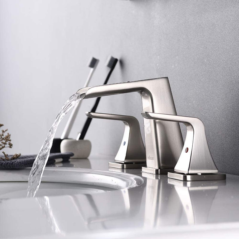 NEWATER Bathroom Sink 2-Handle Waterfall 8-Inch Widespread Faucet Three Hole Metal Pop-up Drain Assembly Brushed Nickel (36451)