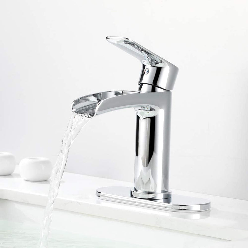 NEWATER Waterfall Spout Bathroom Sink Faucet Basin Mixer Tap Polished Chrome Single Handle（71011）