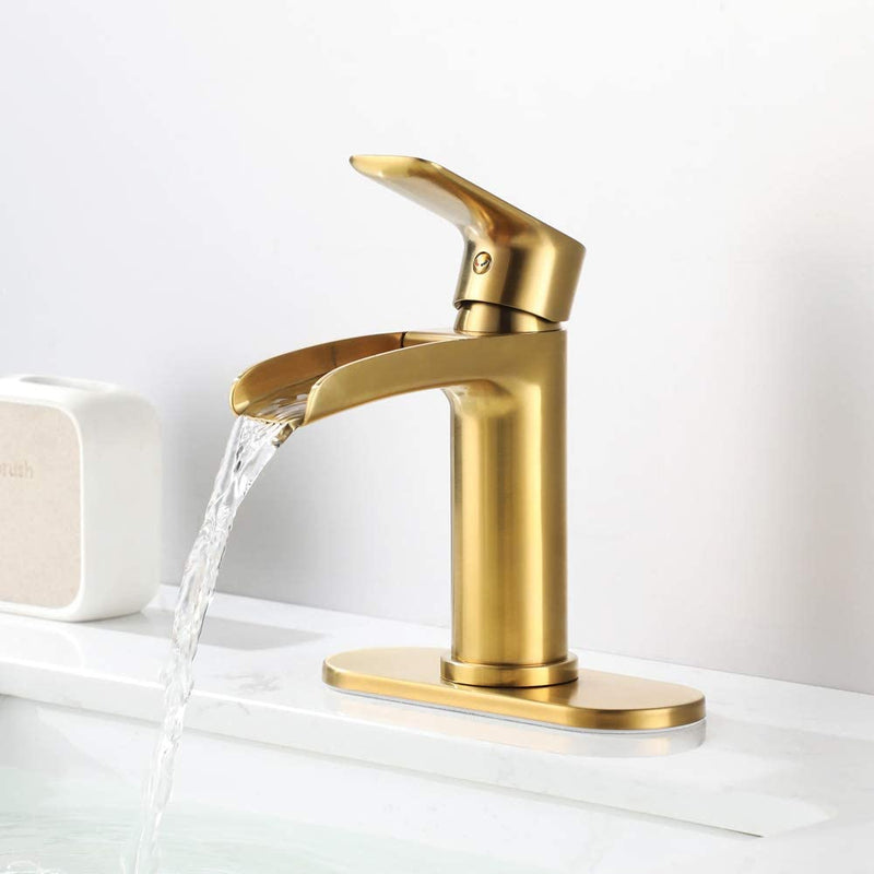 NEWATER Waterfall Spout Bathroom Sink Faucet Basin Mixer Tap Brushed Gold Single Handle（72231）