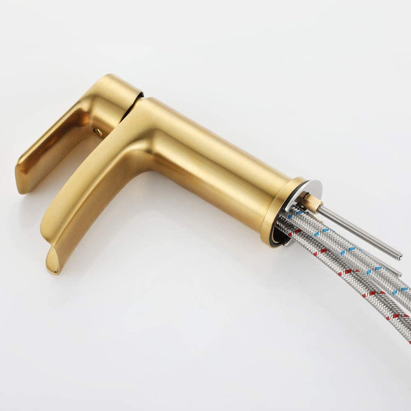 NEWATER Waterfall Spout Bathroom Sink Faucet Basin Mixer Tap Brushed Gold Single Handle（72231）