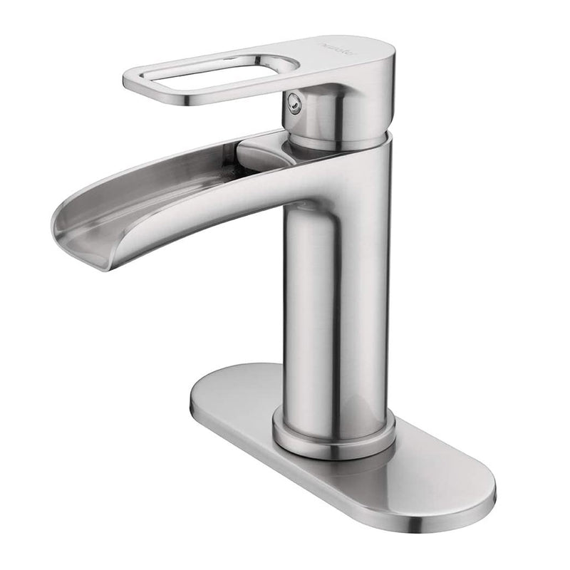 NEWATER Waterfall Spout Bathroom Sink Faucet Basin Mixer Tap Single Handle Brushed Nickel（76452）