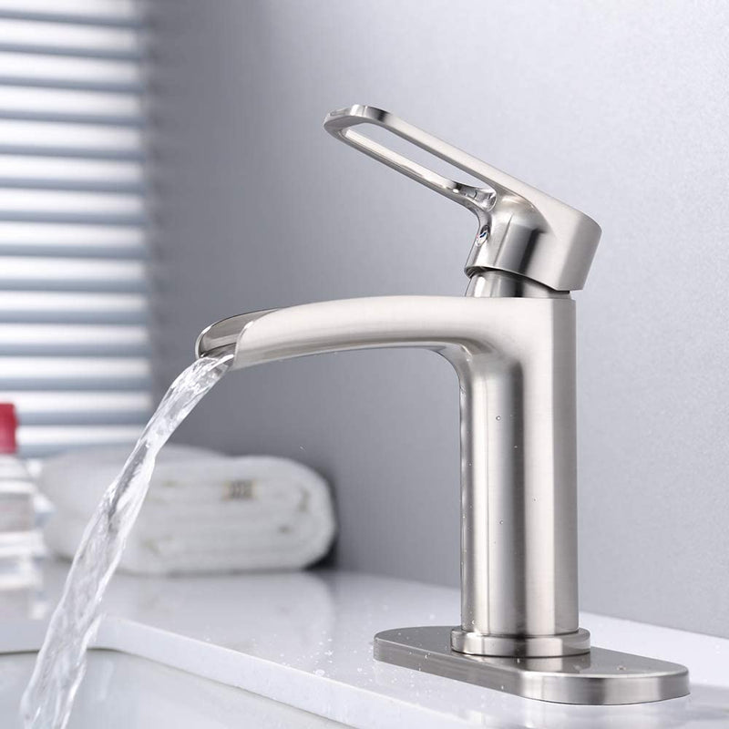 NEWATER Waterfall Spout Bathroom Sink Faucet Basin Mixer Tap Single Handle Brushed Nickel（76452）