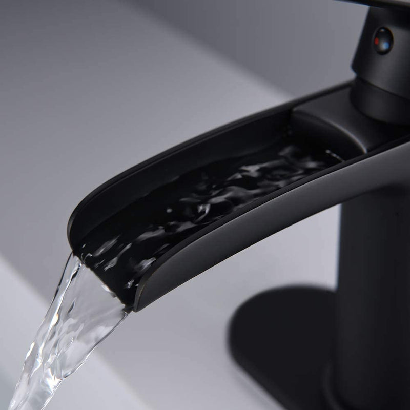 NEWATER Waterfall Spout Brass Bathroom Sink Faucet Basin Mixer Tap Matte Black Single Handle （78171）