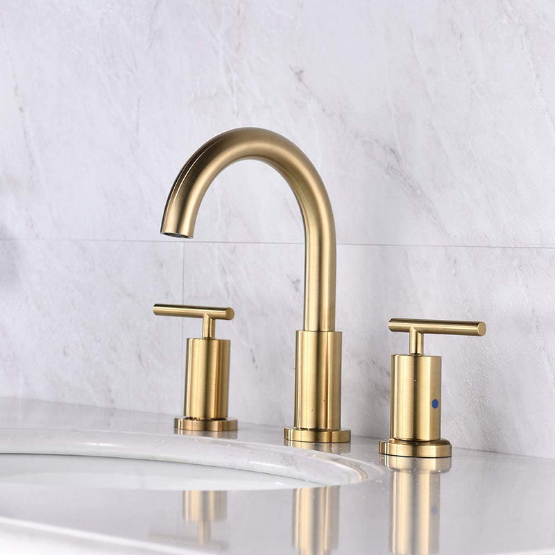 NEWATER Double Handle 8 inch Widespread Three Hole Brass Bathroom Sink Faucet Supply Lines Lavatory Faucet Mixer Tap Brushed Gold (CWF030-BG)